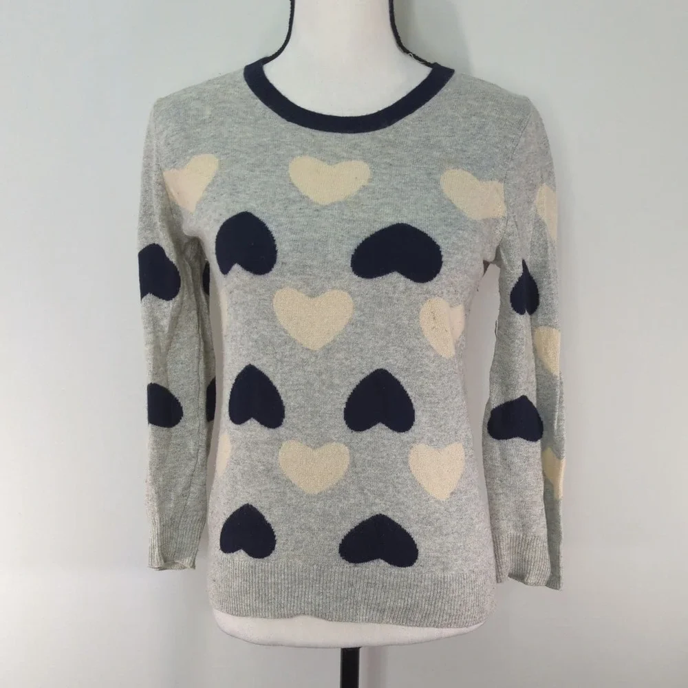 J. Crew Heartbreaker Sweater Womens Gray Heart‎ Print Crew Neck Pullover XS